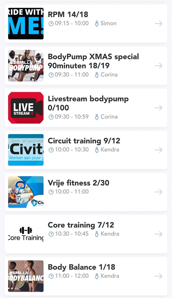Screenshot van Dewi Online-app - Groepslesrooster op maandag 2e kerstdag locatie Meppel - reserveer je les (sen) of vrije fitness!