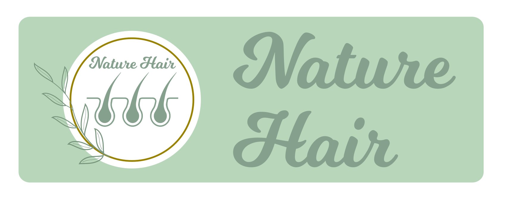 NAture Hair Logo Liichtgroene achtergrond met donkere groene letters en een witte circkel link